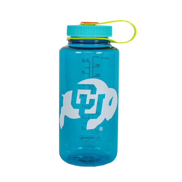 A bold darker turquoise blue semitransparent plastic water bottle with a screw on lid and handle, featuring a C-U Buffalo logo in the center and fluid measurements on the back.